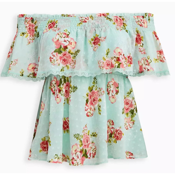 Torrid Off Shoulder Sheer Lace Swiss Dot Top Plus Size 2 2X Green Pink Boho Chic - Picture 8 of 10